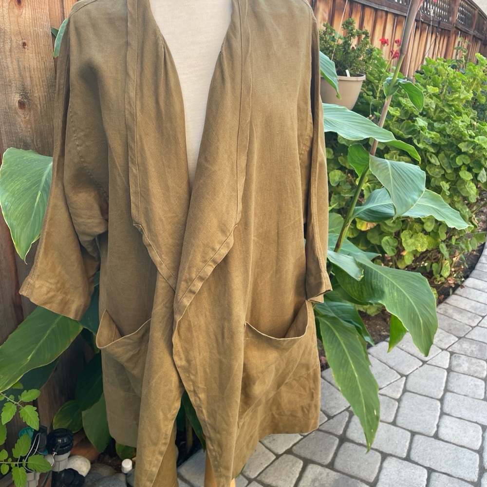 Elizabeth Susann Coat Jacket Sz OSM 100% Linen Kimono Olive Green Made in USA
